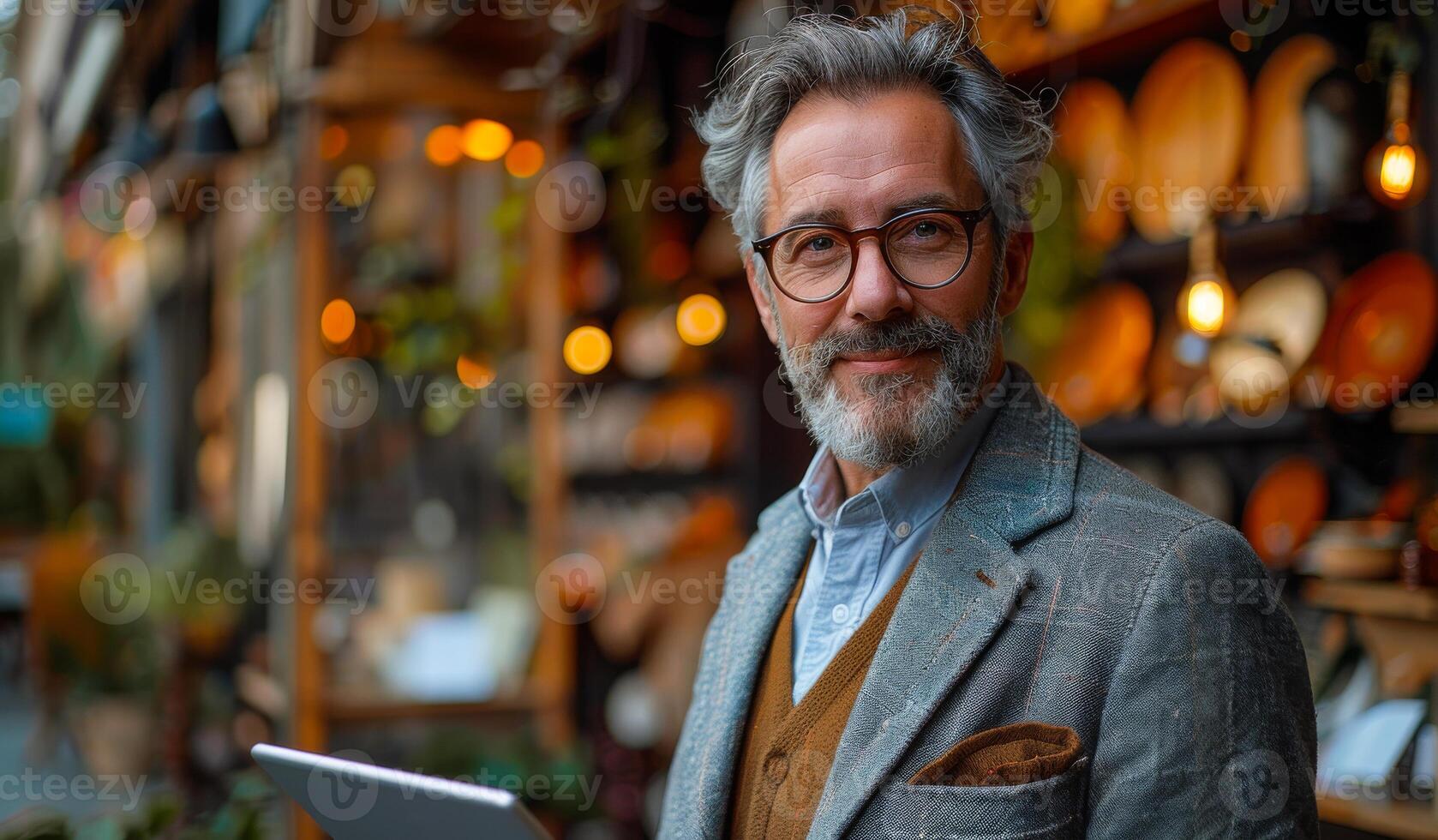 A man with glasses and a gray jacket is smiling and holding a tablet. He is standing in front of a store with many items on display photo