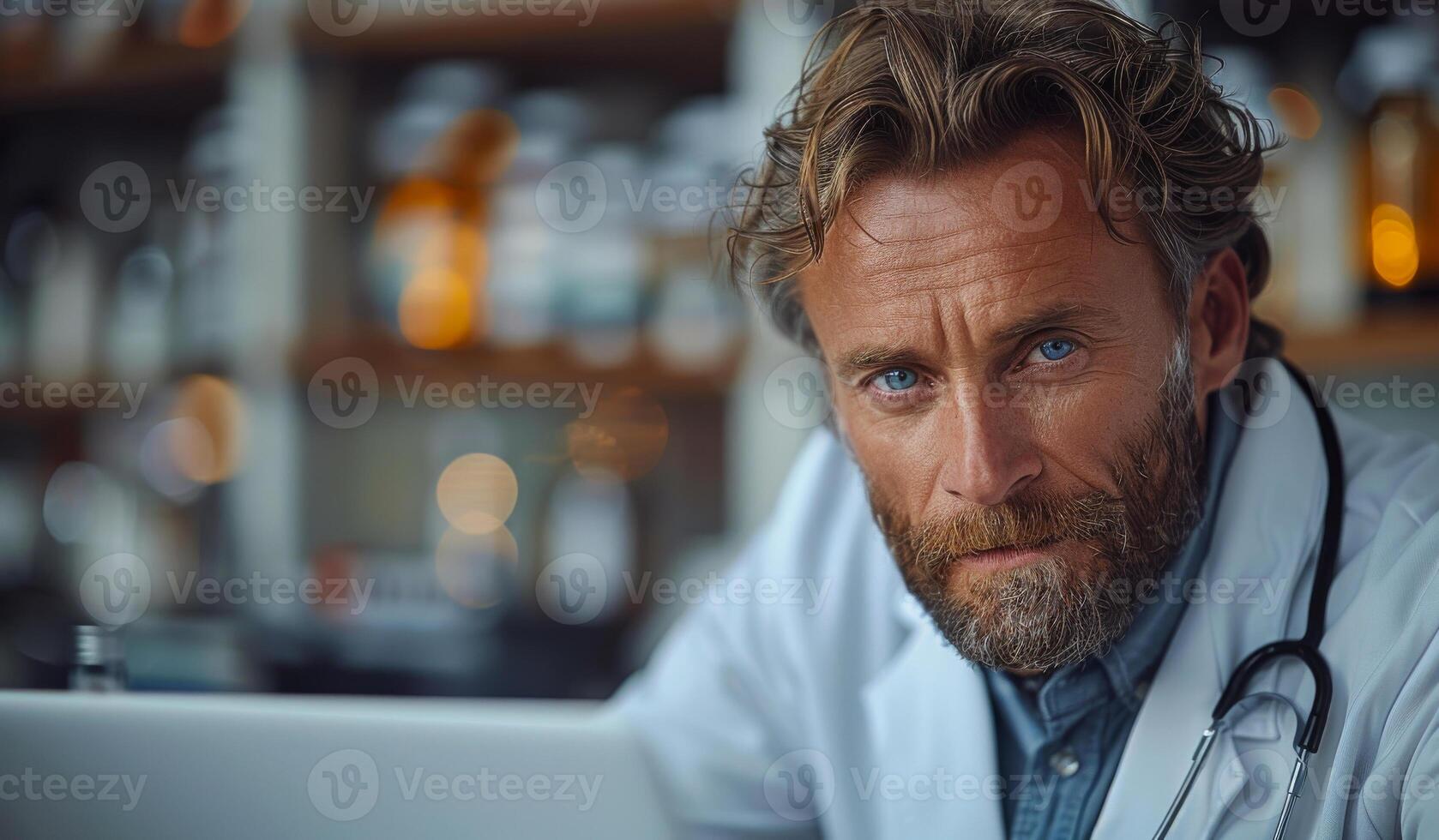 A man with a beard and glasses is sitting at a desk with a laptop. He is wearing a white lab coat and he is a doctor photo