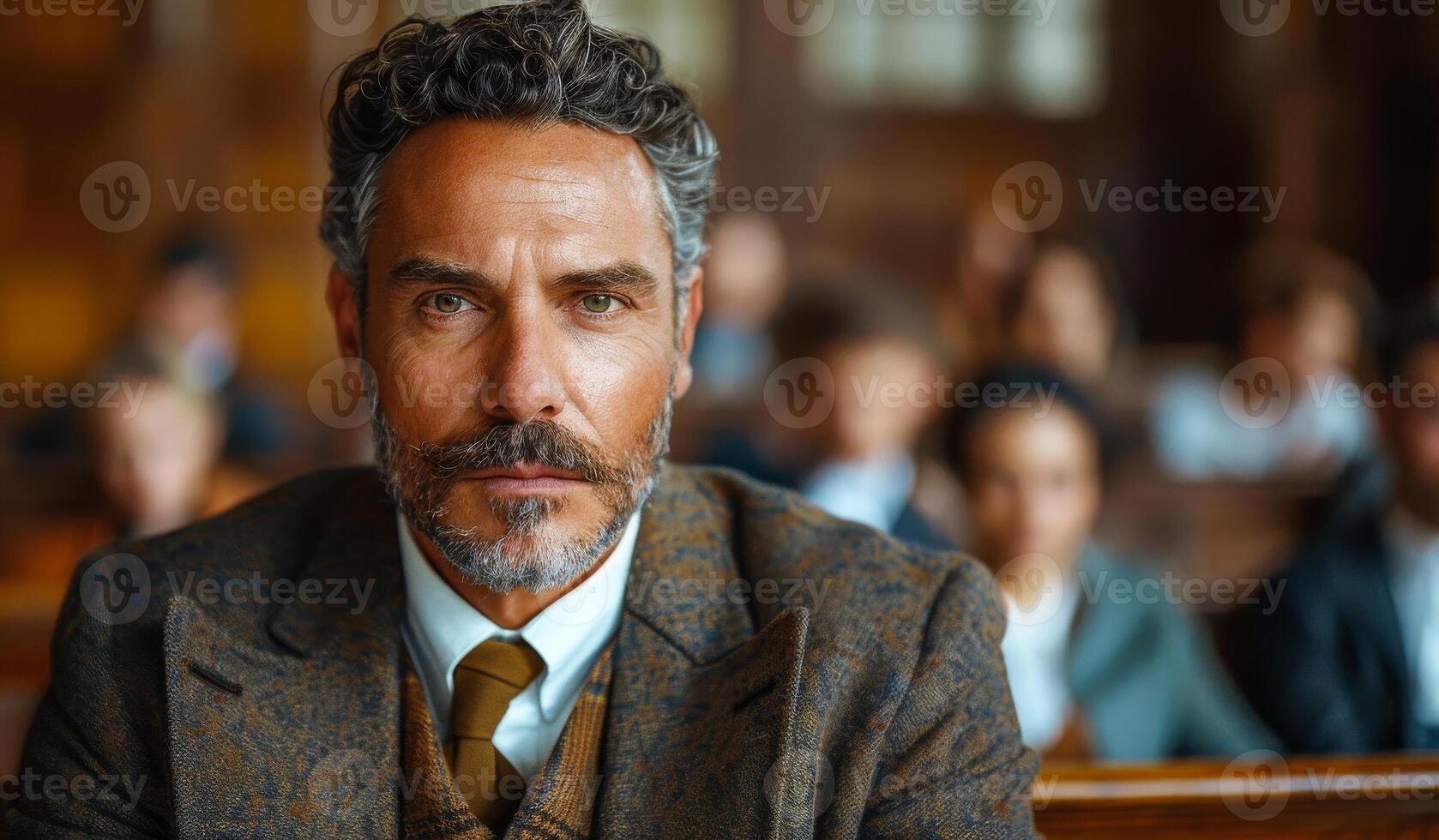 A man with a mustache and a tie is sitting in a church. He is the center of attention photo