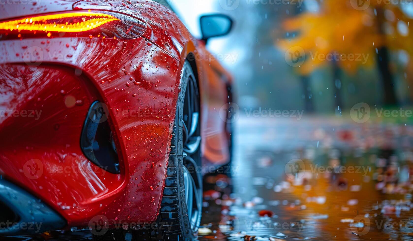 A red car is parked in the rain with its back facing the camera. The car is wet and shiny, reflecting the light from the headlights. photo