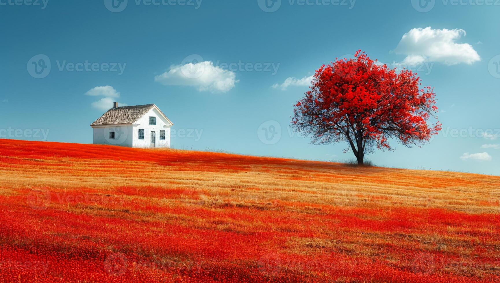 A house is on a hill with a tree in front of it. The scene is peaceful and serene photo