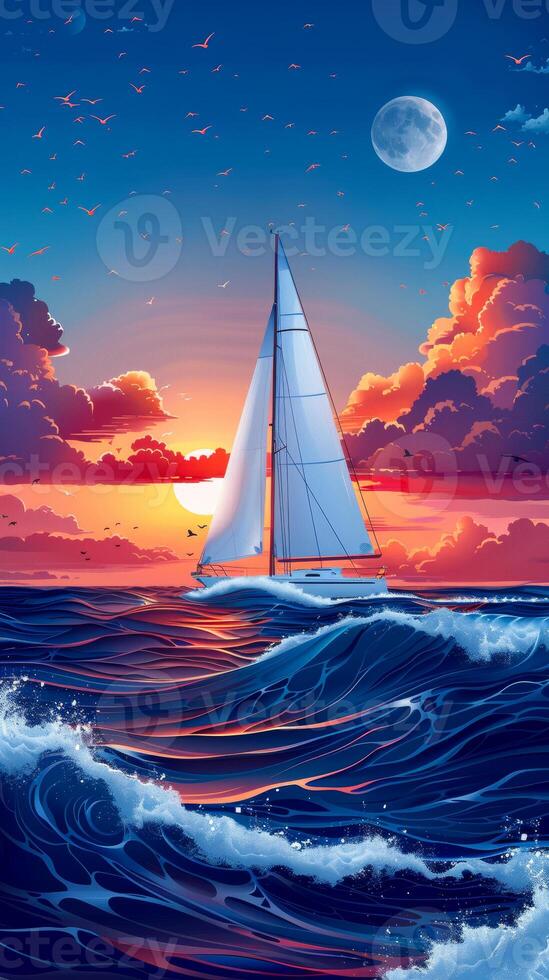 A sailboat is sailing in the ocean at sunset. The sky is filled with clouds and the sun is setting photo