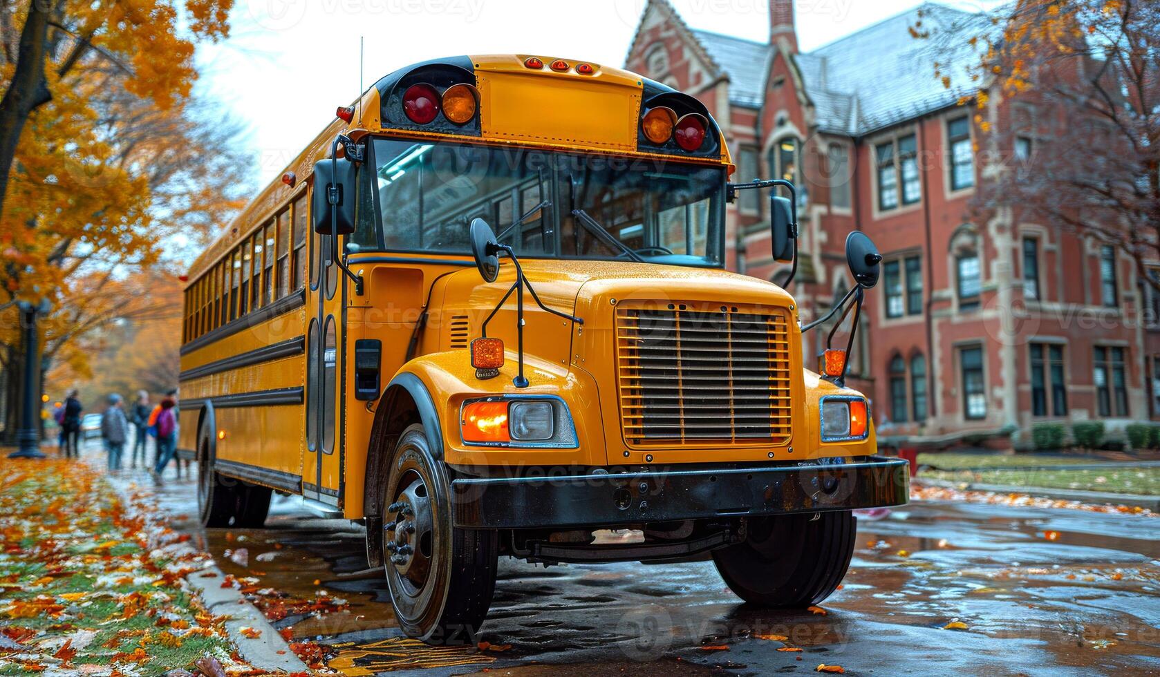 A yellow school bus is parked on a street in front of a brick building. The bus is surrounded by people walking on the sidewalk photo