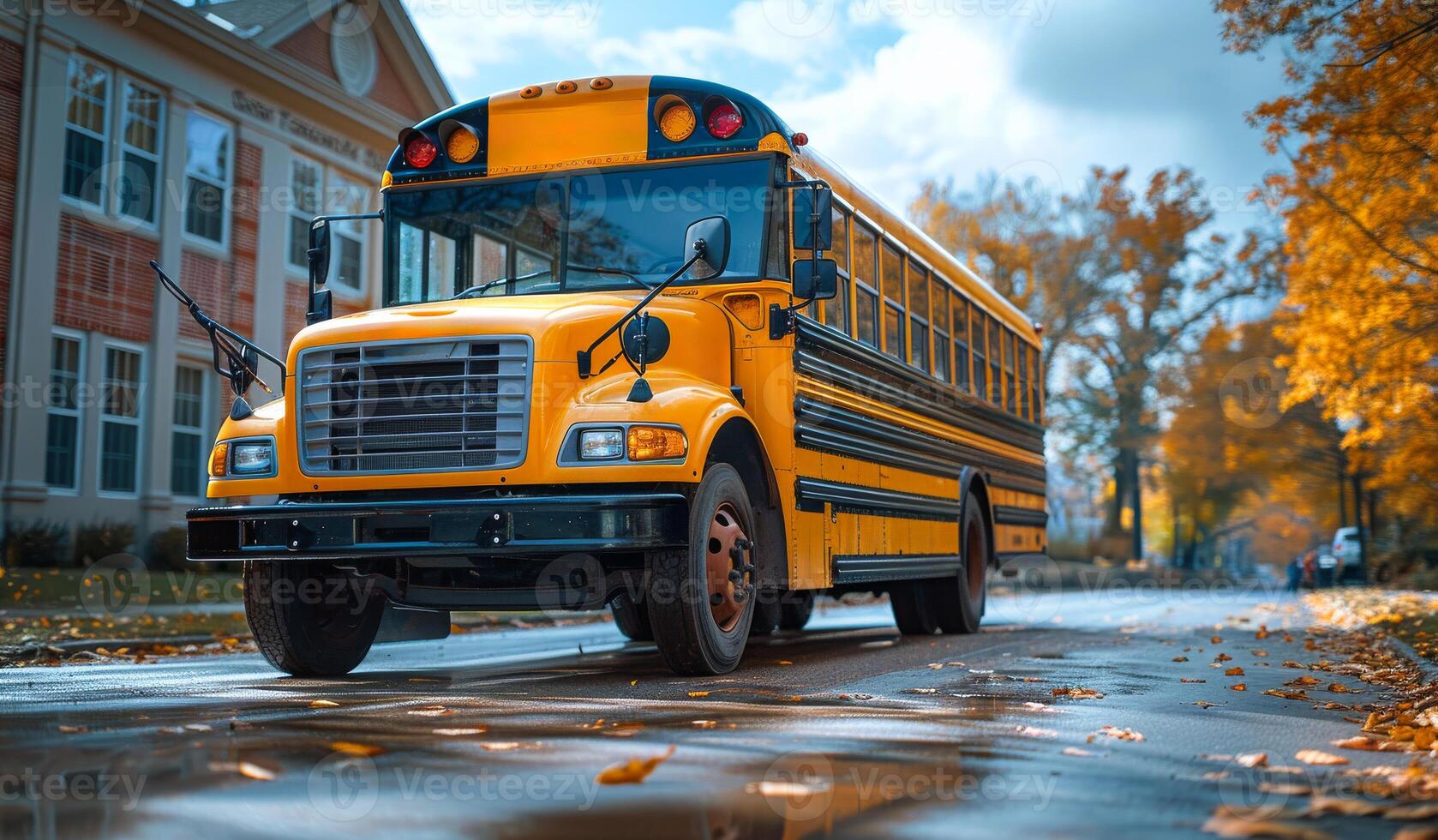 A yellow school bus is parked on a wet road. The bus is parked in front of a brick building photo