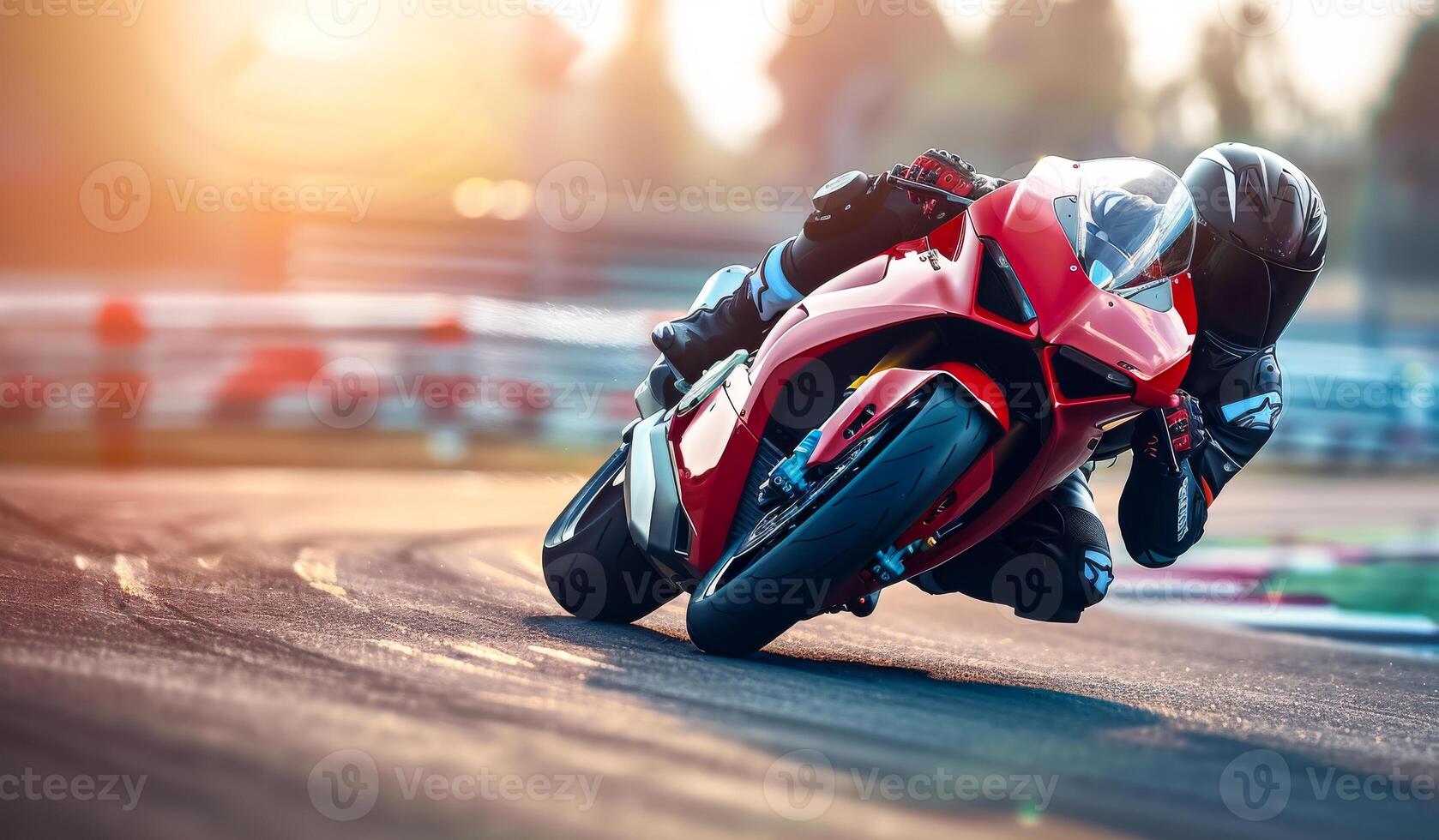 A man is riding a red motorcycle on a track. The motorcycle is turning and the rider is leaning into the turn. photo