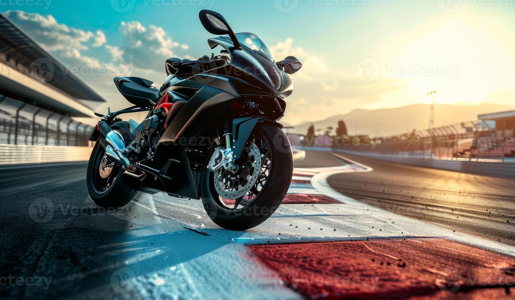 A black motorcycle is parked on a racetrack. The motorcycle is parked on the side of the track, and the sun is shining on it. photo