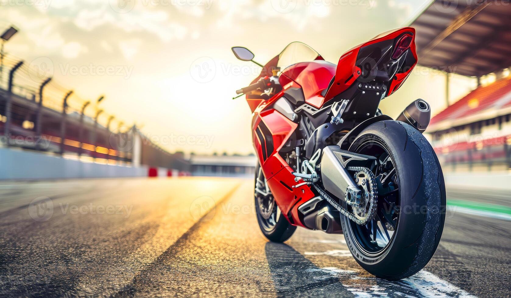A red motorcycle is parked on a track. The sun is setting in the background, casting a warm glow on the scene. photo