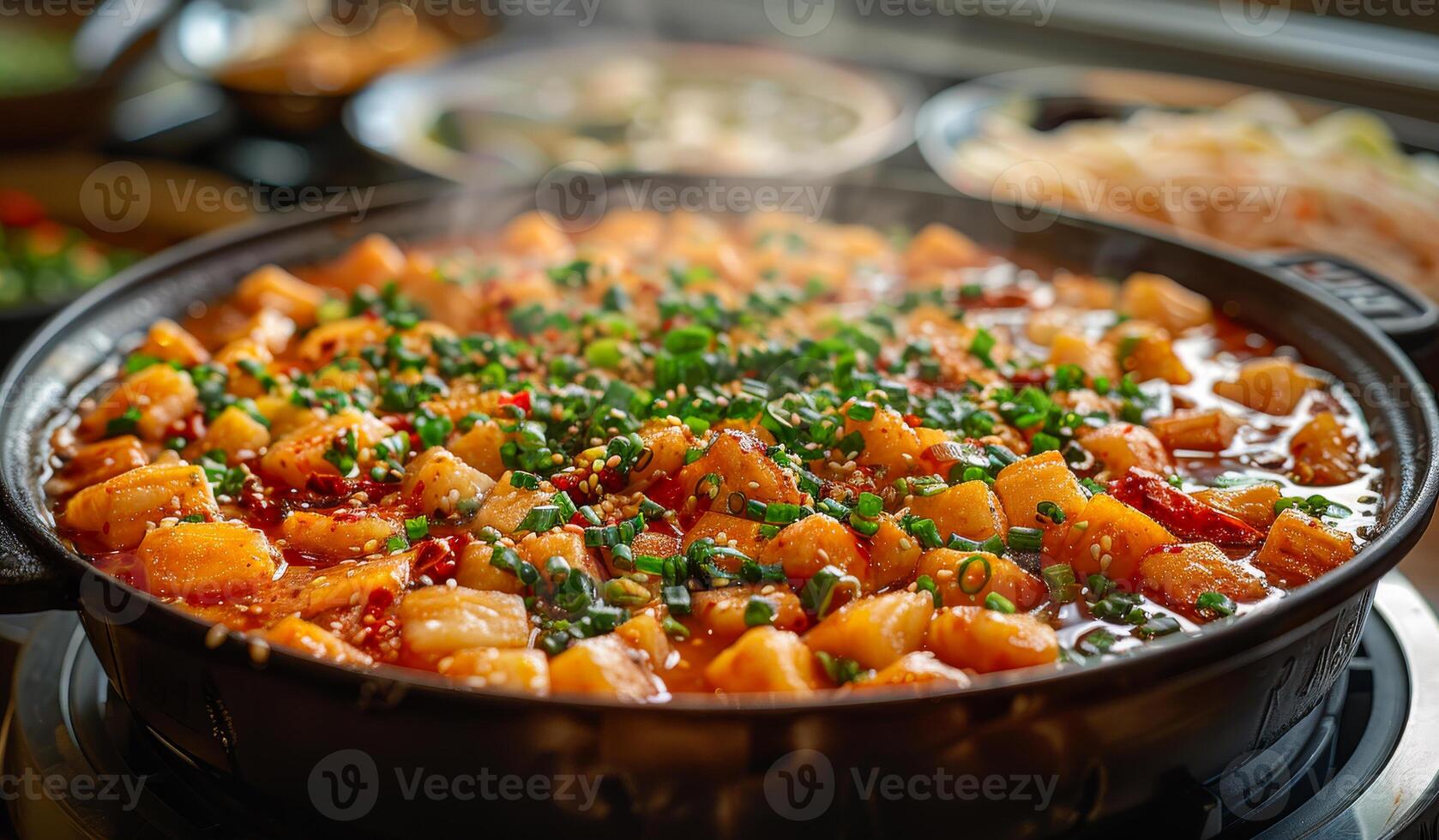 A large pot of food with a lot of seasoning and garnish photo