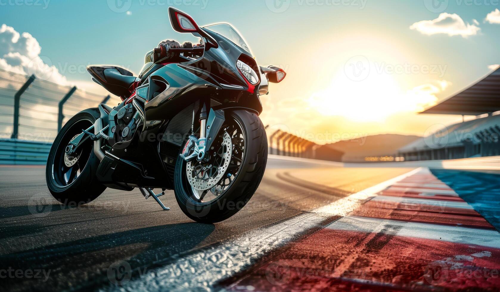 A black motorcycle is parked on a track with a red and white stripe photo