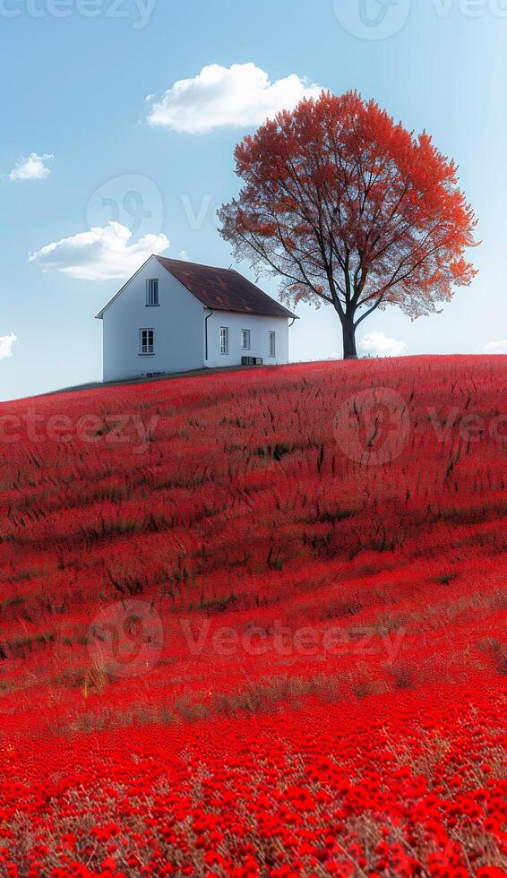 A house is on a hill with a tree in front of it photo