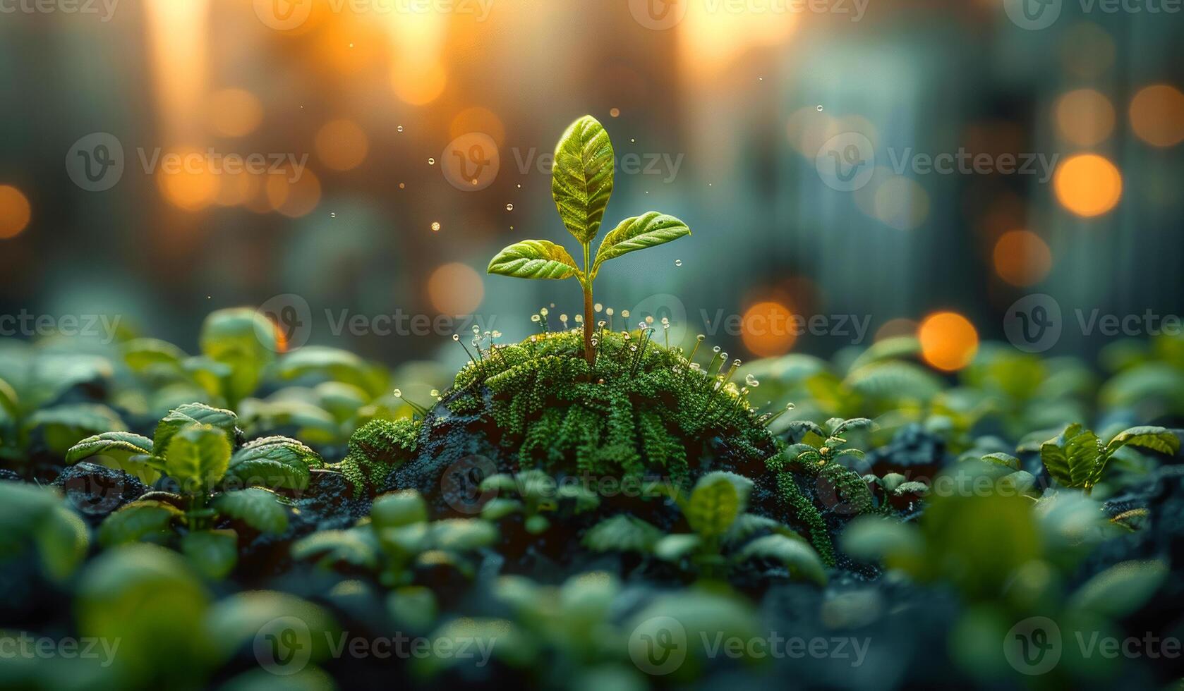 A small plant is growing in a field of green plants. The plant is surrounded by other plants, but it stands out as the main focus of the image photo
