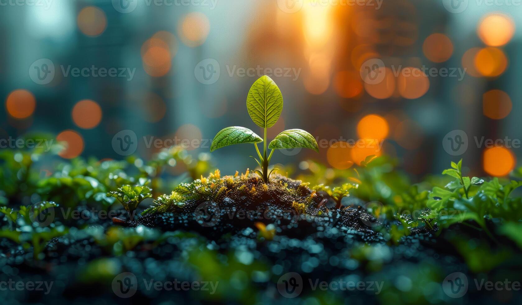 A small plant is growing in a patch of dirt. The plant is surrounded by other plants, and the dirt is wet photo