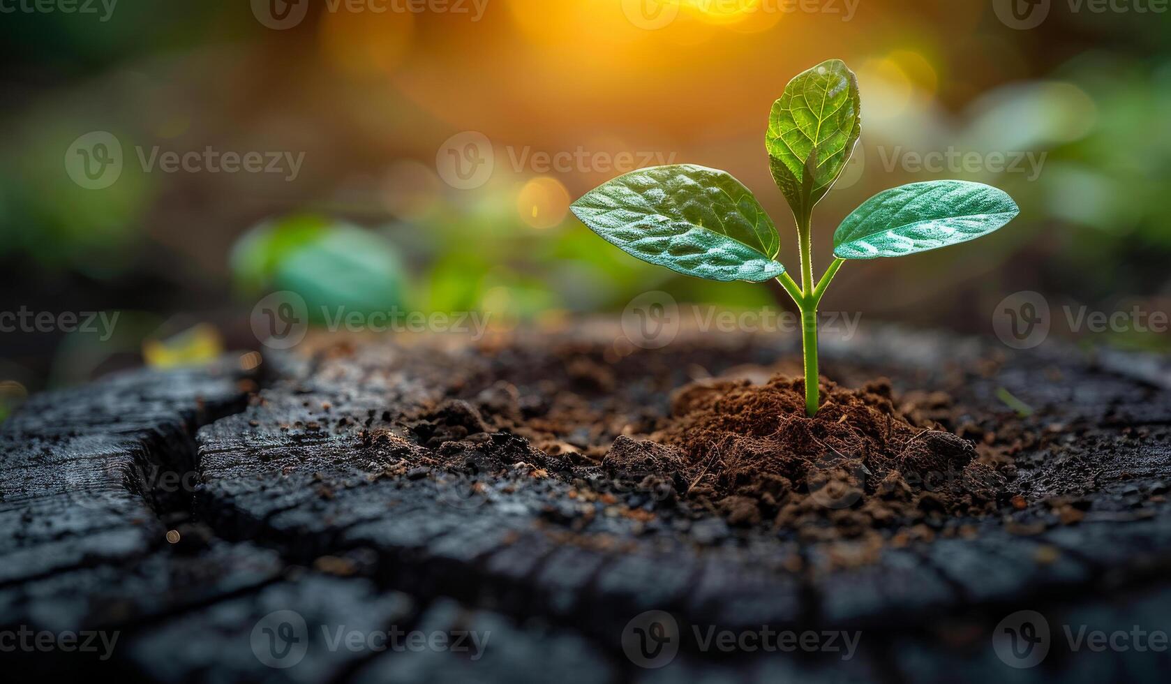 A small green plant is growing in the dirt on a log. The plant is surrounded by dirt and he is thriving photo