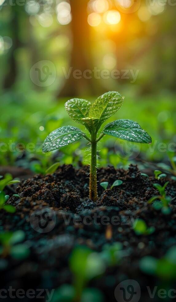 A small plant is growing in the dirt. The plant is green and has a leafy appearance photo