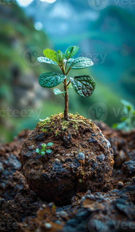 A small plant is growing in a rocky area. The plant is surrounded by dirt and rocks, and it is struggling to grow. photo