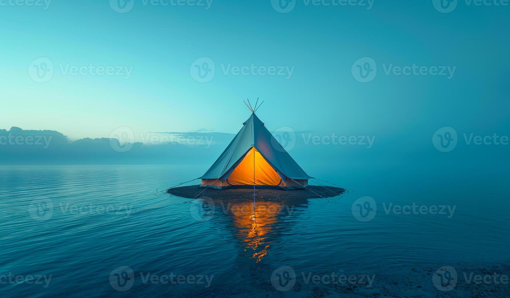 A small teepee is floating on the water. The teepee is lit up with a light inside photo