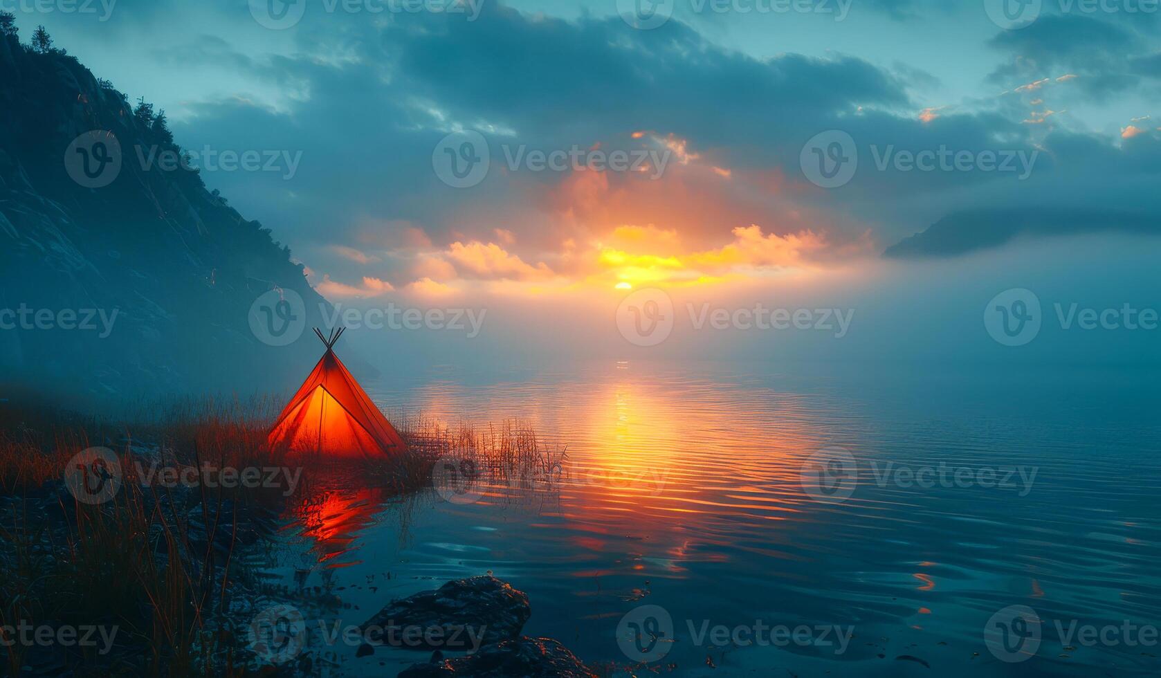 A small teepee is on the shore of a lake. The sun is setting, casting a warm glow over the scene. photo