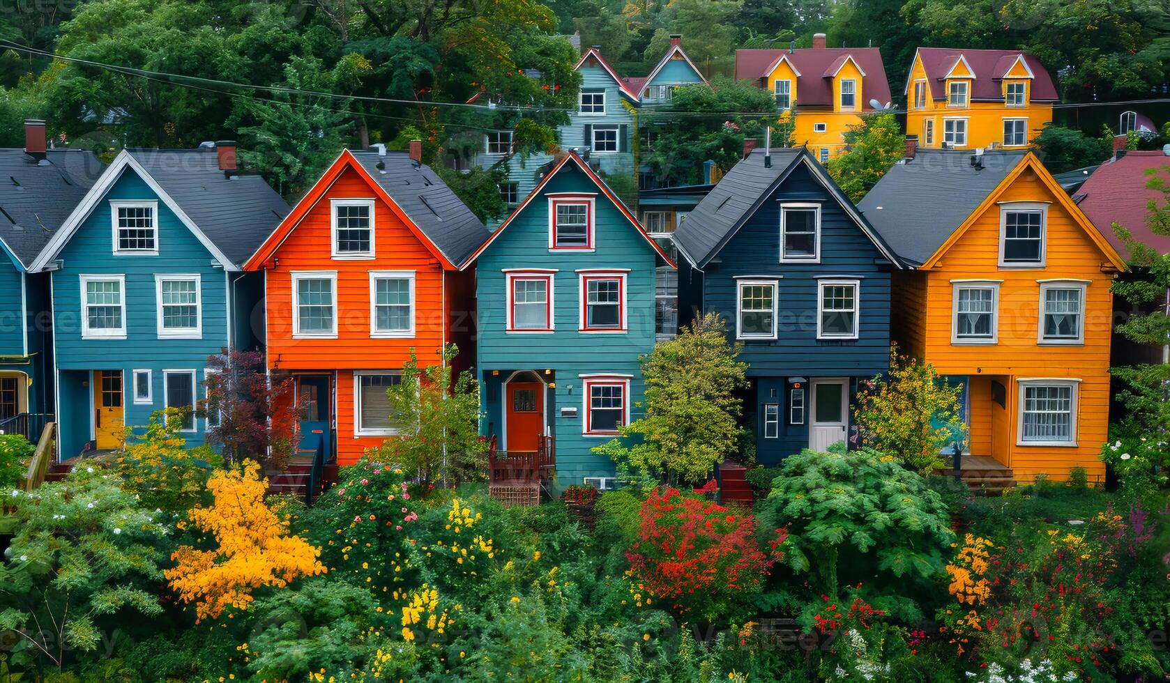 A row of colorful houses with a green yard in between. The houses are painted in different colors, including blue, yellow, and red photo