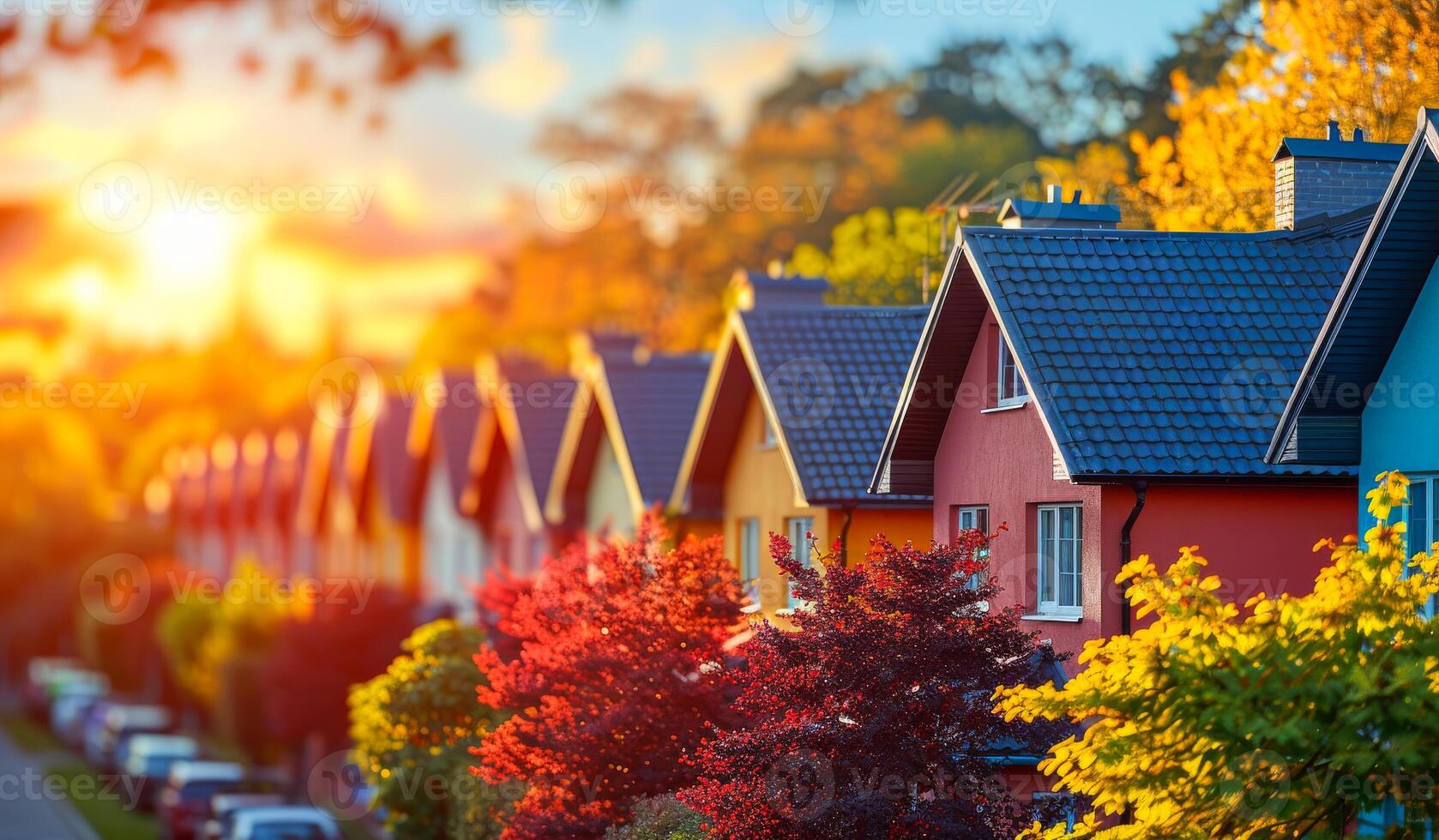 A row of houses with red roofs and yellow trim. The houses are lined up on a street with trees in the background. photo