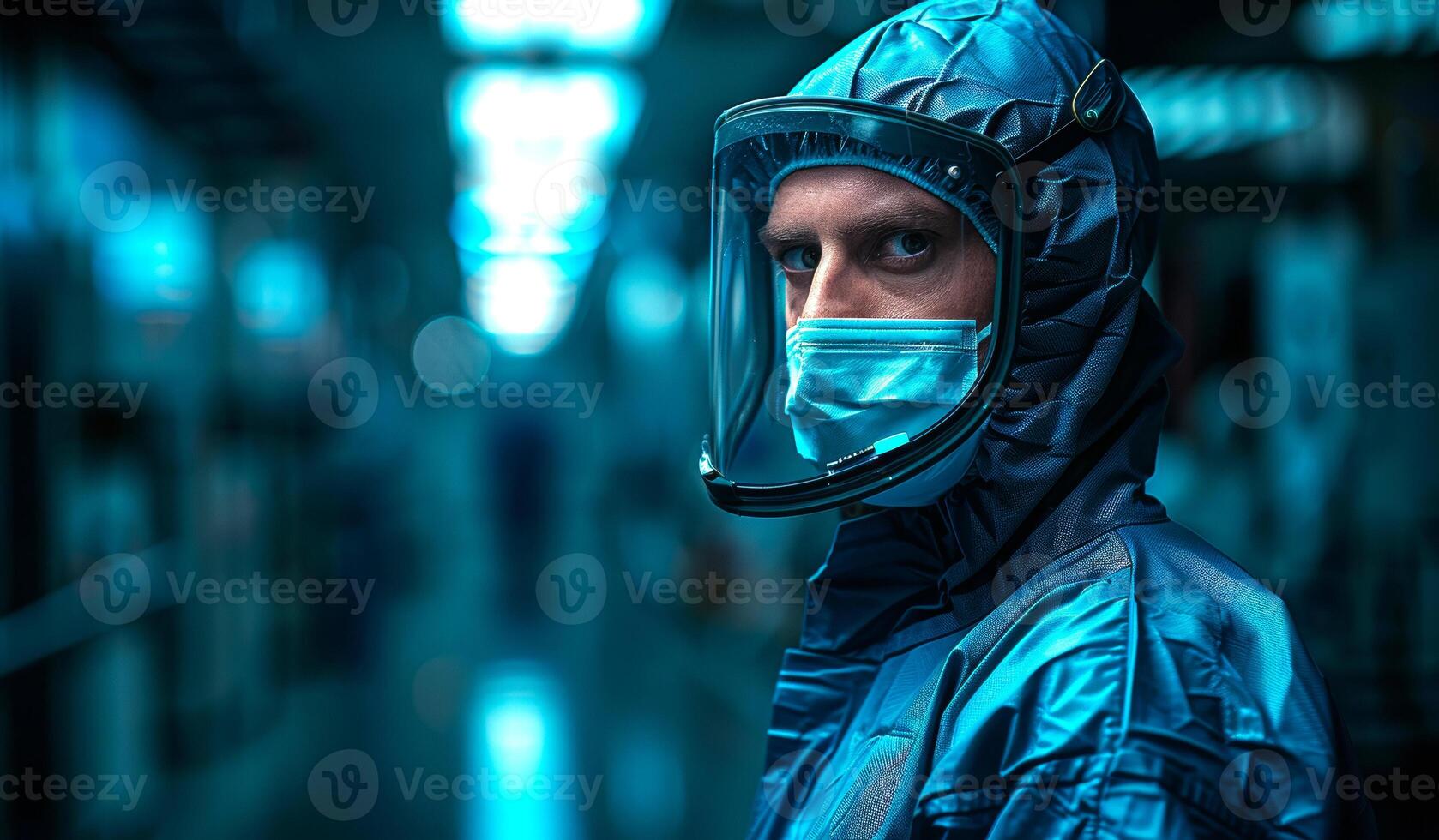 A man in a blue suit with a mask on his face photo