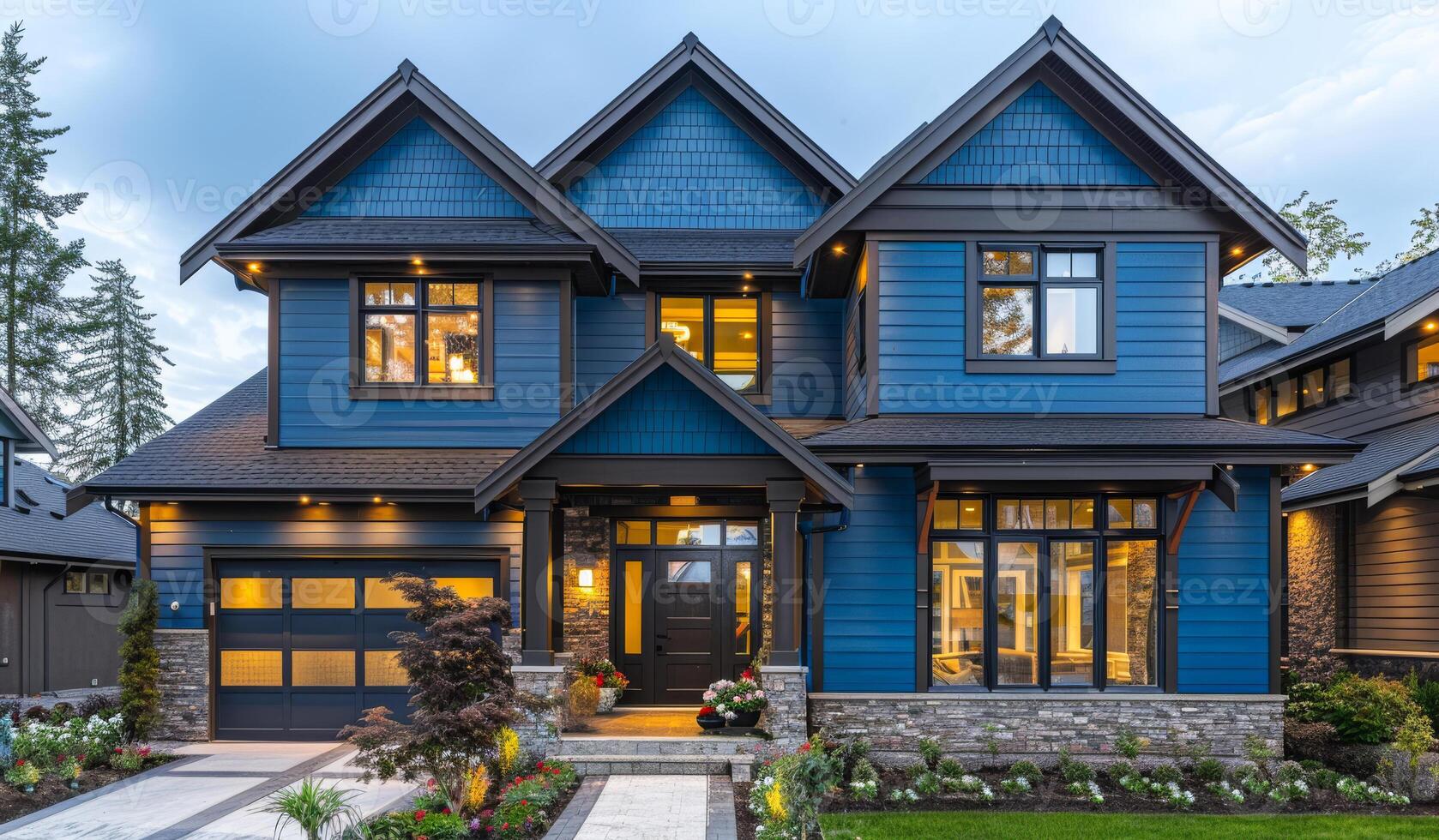 A large blue house with a black front door and a garage. The house is well lit and has a welcoming atmosphere photo