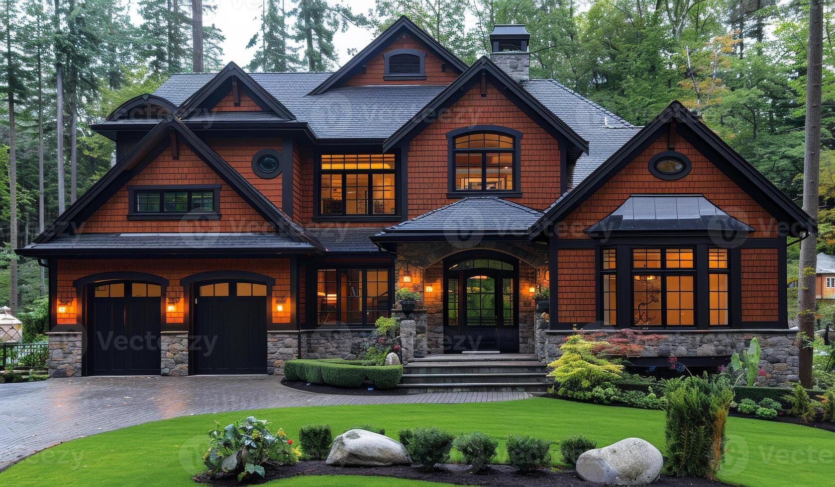 A large house with a black roof and a black garage door. The house has a lot of windows and a large lawn photo