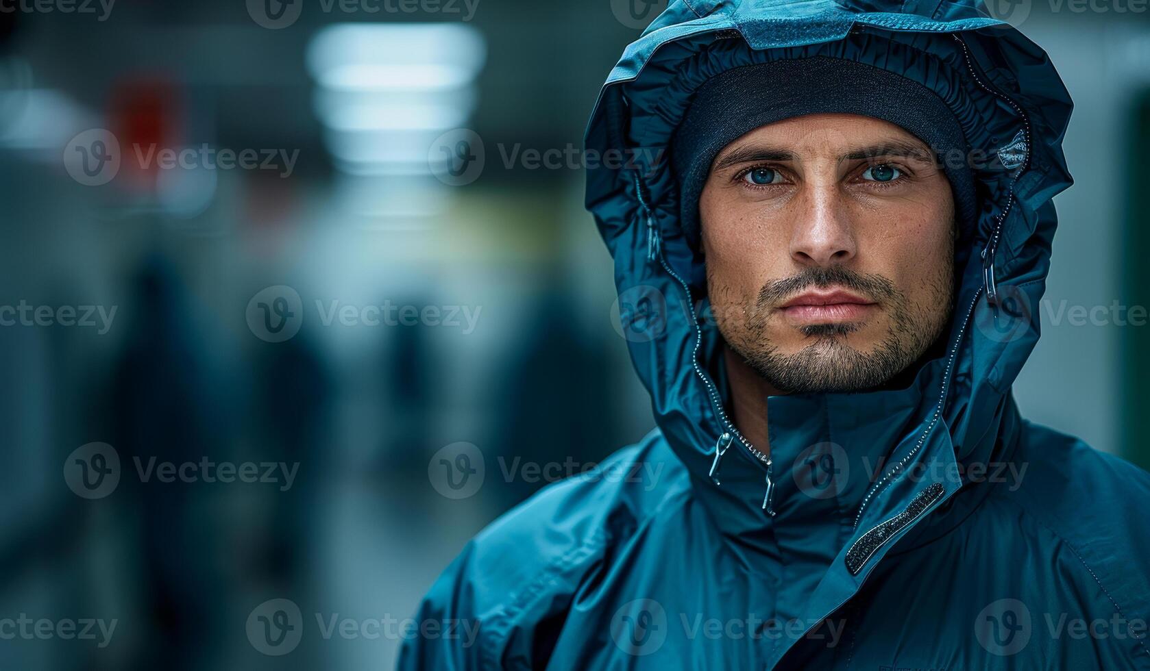 A man wearing a blue jacket and a hat is standing in a hallway photo