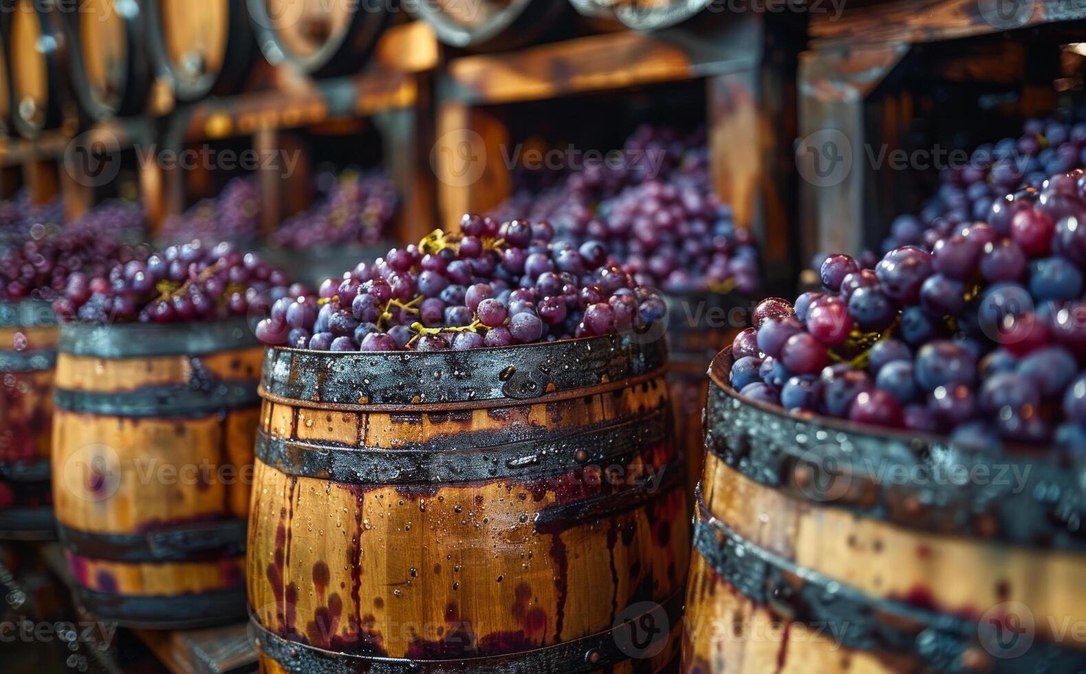 A bunch of grapes are in a barrel. The barrel is wooden and has a black rim. The grapes are in different sizes and are spread out photo