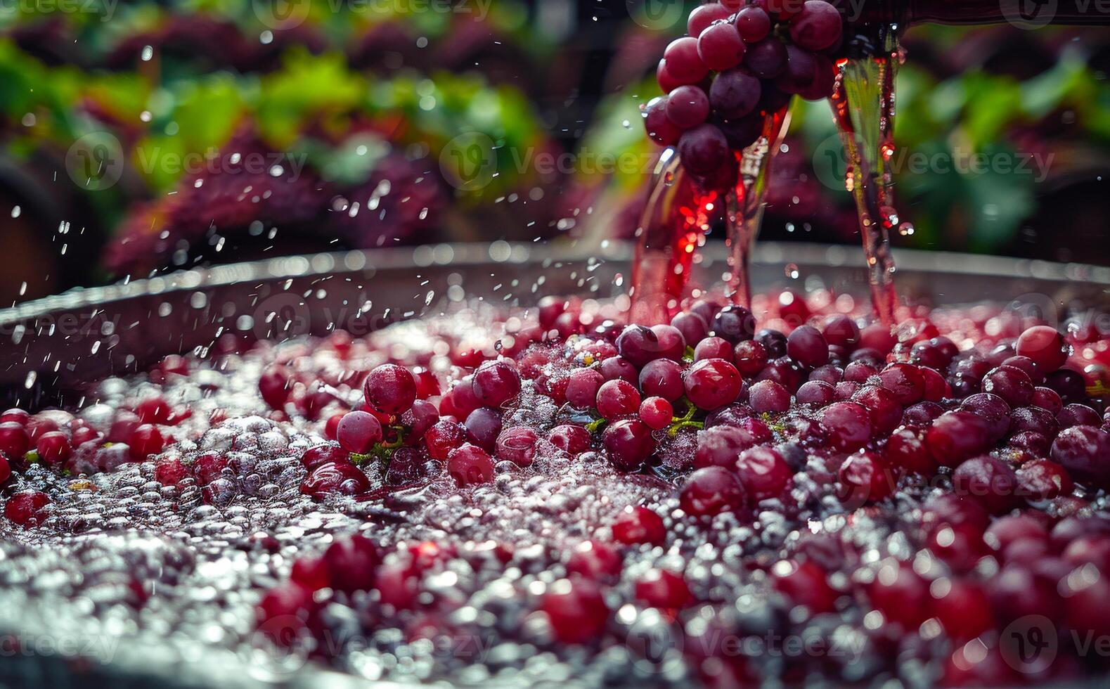 A bowl of red grapes is being poured into a bucket. The grapes are wet and the water is splashing out of the bowl. photo