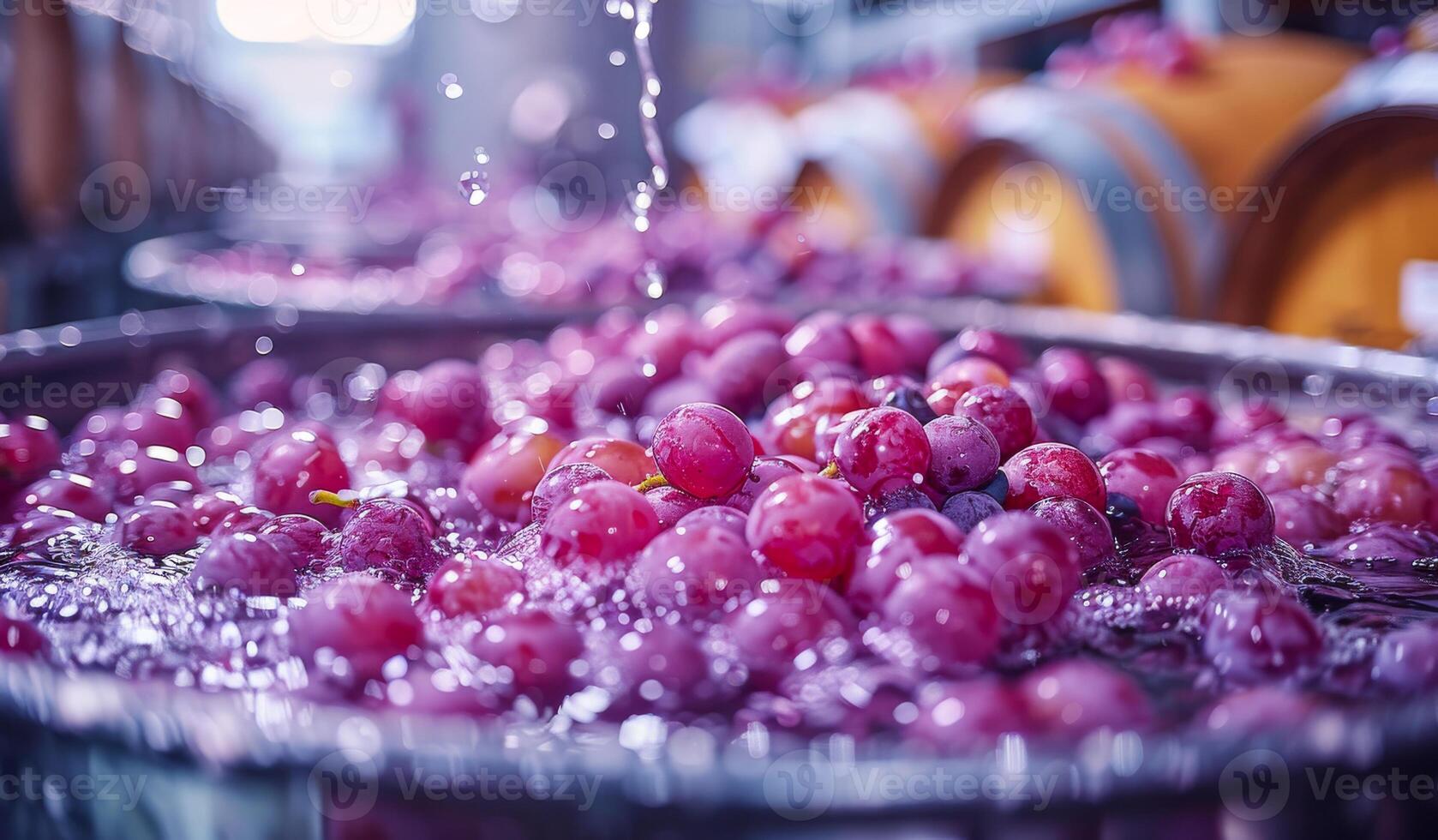 A bunch of grapes are being washed in a bowl. The grapes are purple and the water is clear photo