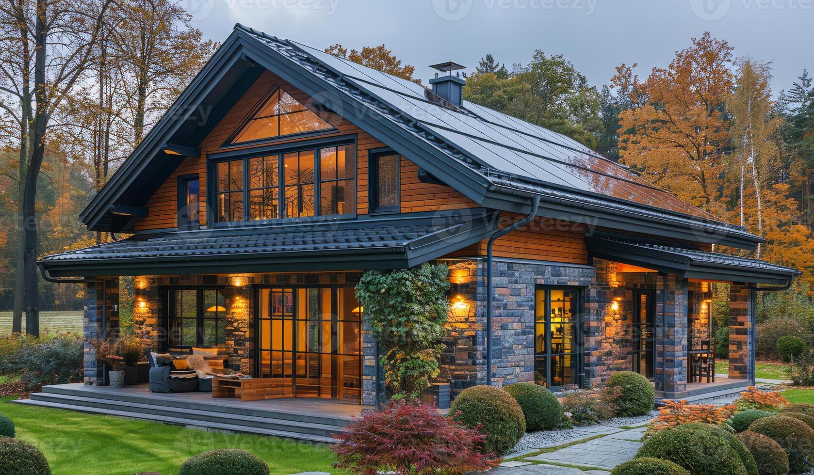 A large house with a black roof and a chimney. The house has a lot of windows and a large porch. photo