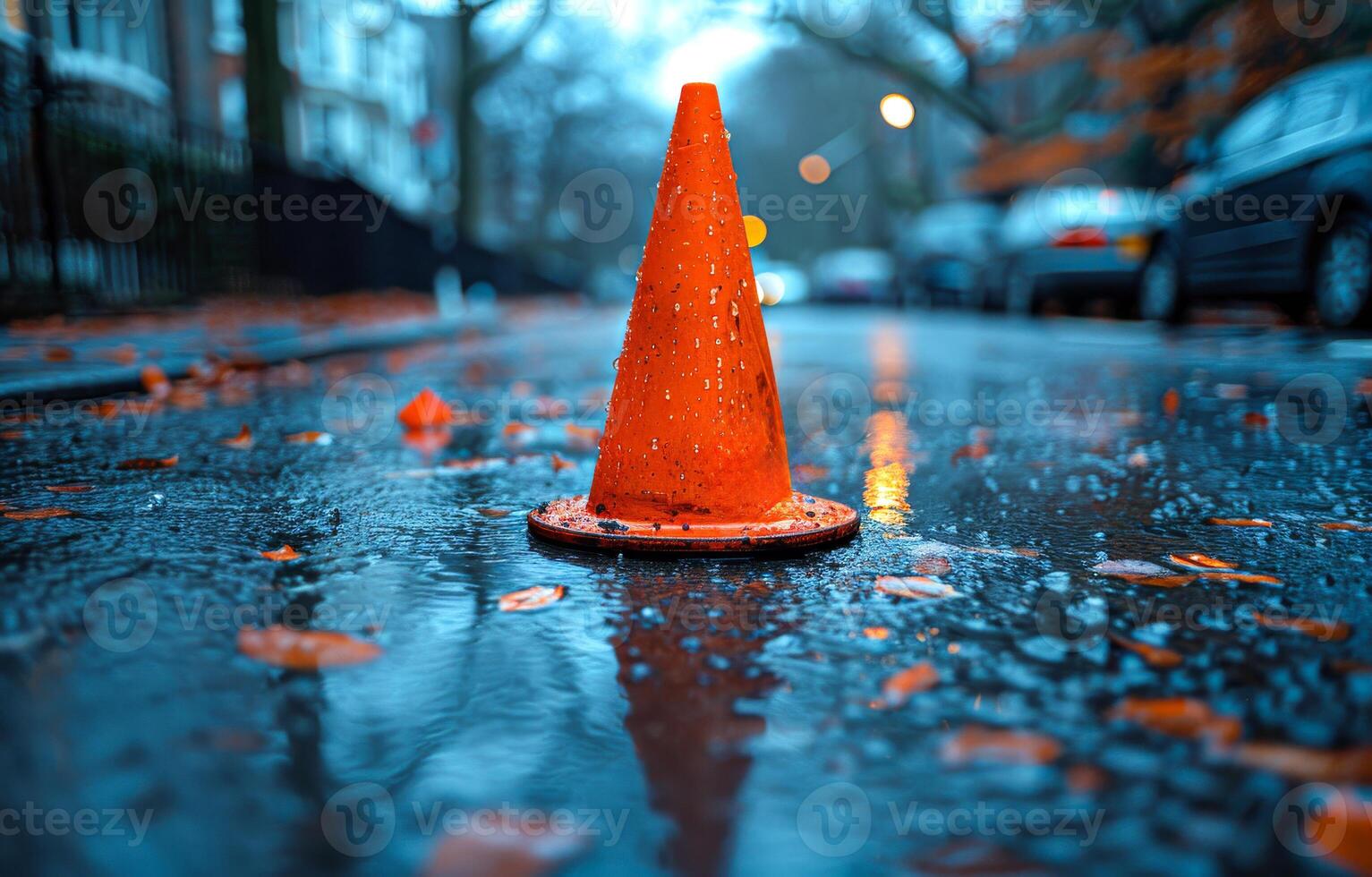 A cone is sitting in a puddle of water. The cone is orange and is on the road photo