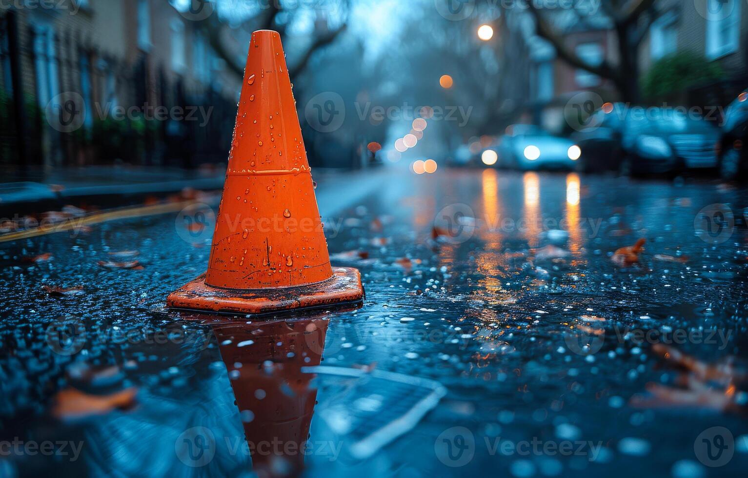 A cone is sitting in a puddle of water on a street. The scene is rainy and the cone is orange photo