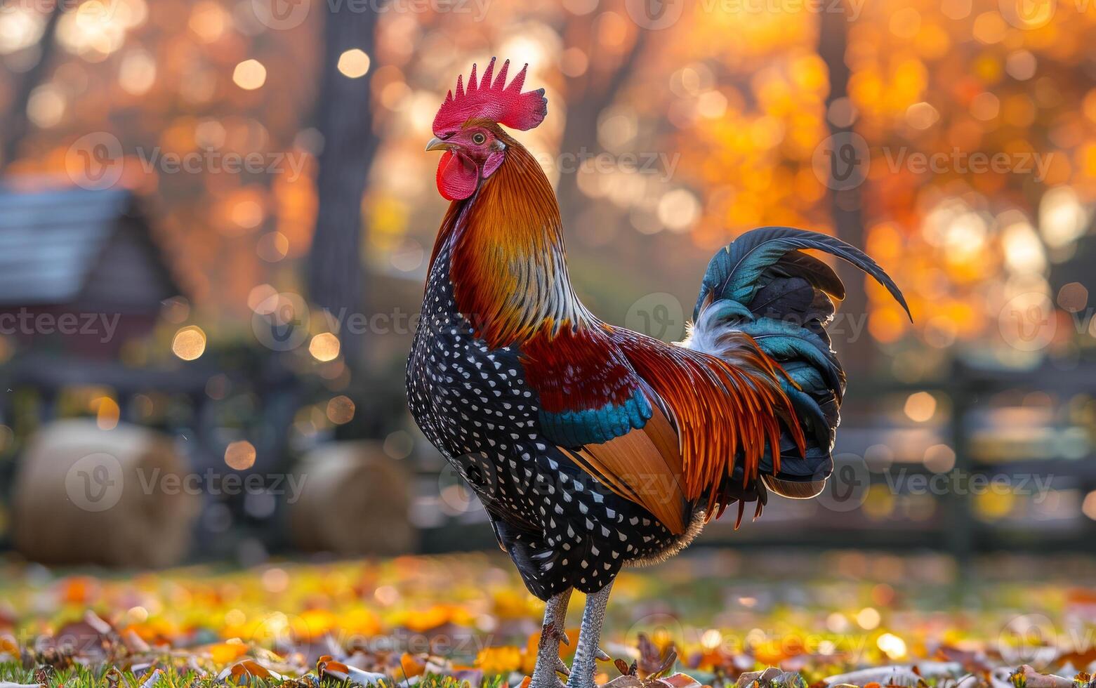 A rooster stands in a field of autumn leaves. The rooster is a mix of red, black, and white colors photo