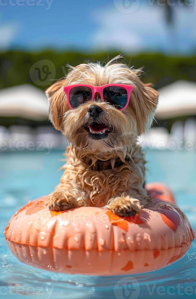 A dog is wearing sunglasses and sitting on a pool float. The dog appears to be enjoying the water and the sun photo