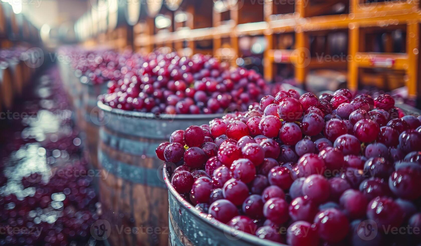 A bunch of grapes are in a barrel. The grapes are red and shiny. The barrel is made of wood photo