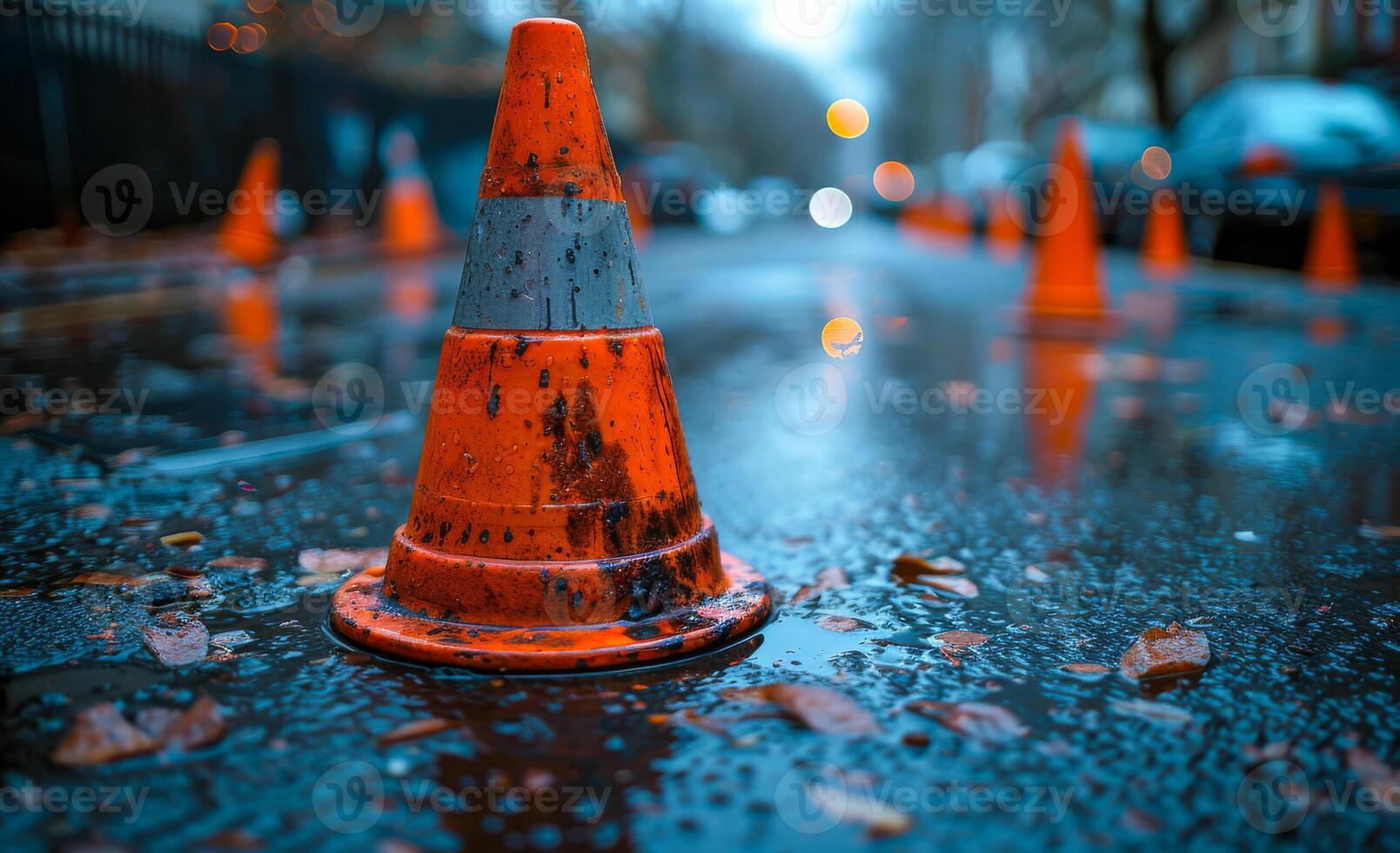 A cone is sitting in a puddle of water. The cone is orange and has a white stripe photo