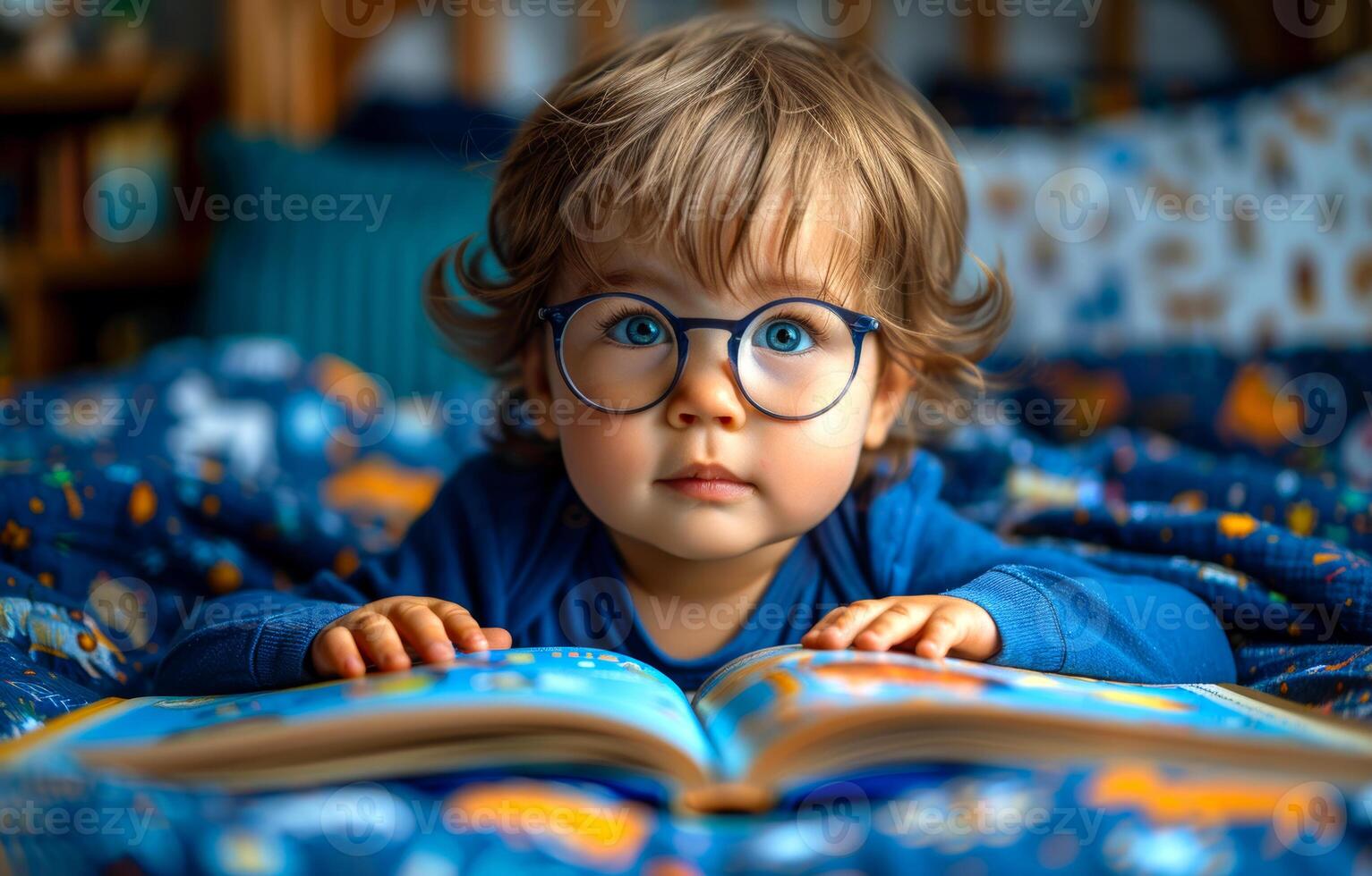 A young child is laying on a bed with a book in front of them. The child is wearing glasses and he is focused on the book. photo