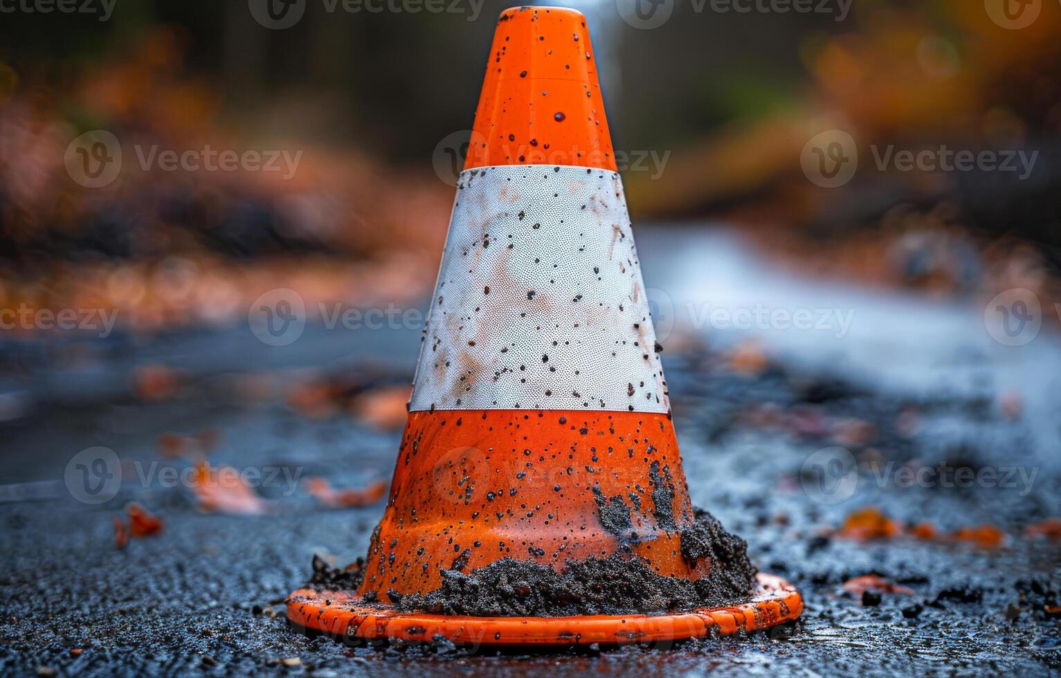 A dirty orange cone is on the road. The cone is dirty and has a white stripe. The road is wet and muddy photo