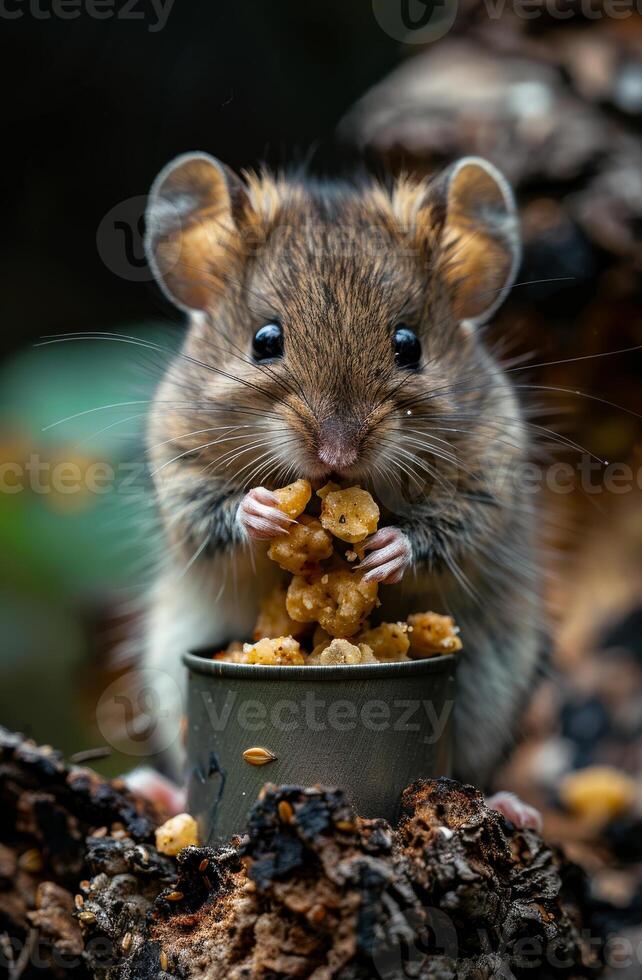 A small brown and white mouse is eating food from a tin photo
