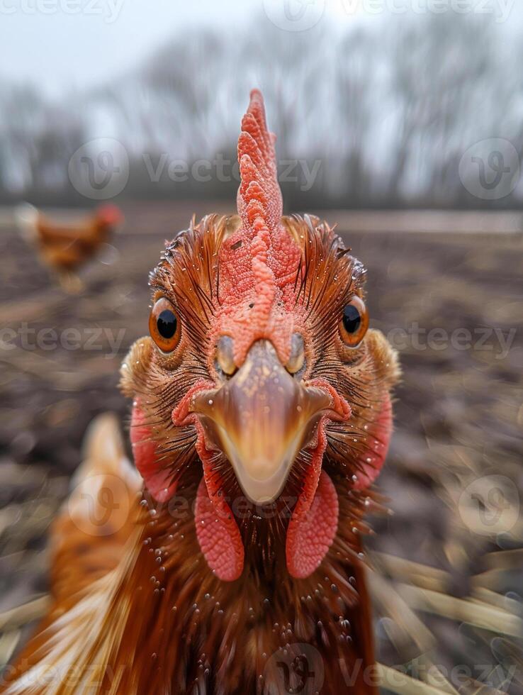A chicken with a red comb and orange beak is looking at the camera photo