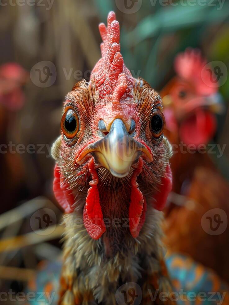 A chicken with a red head and a red beak. The chicken is looking at the camera photo