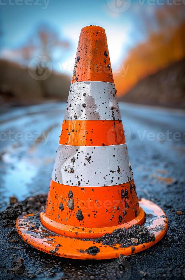 A dirty orange and white cone is on the road. The cone is in the middle of the road and is surrounded by mud photo