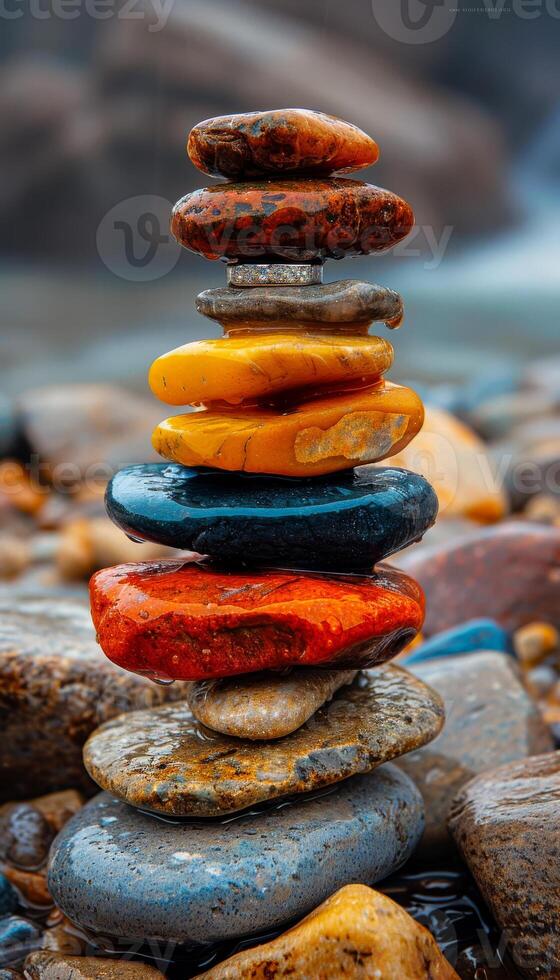 A stack of colorful rocks on a beach photo