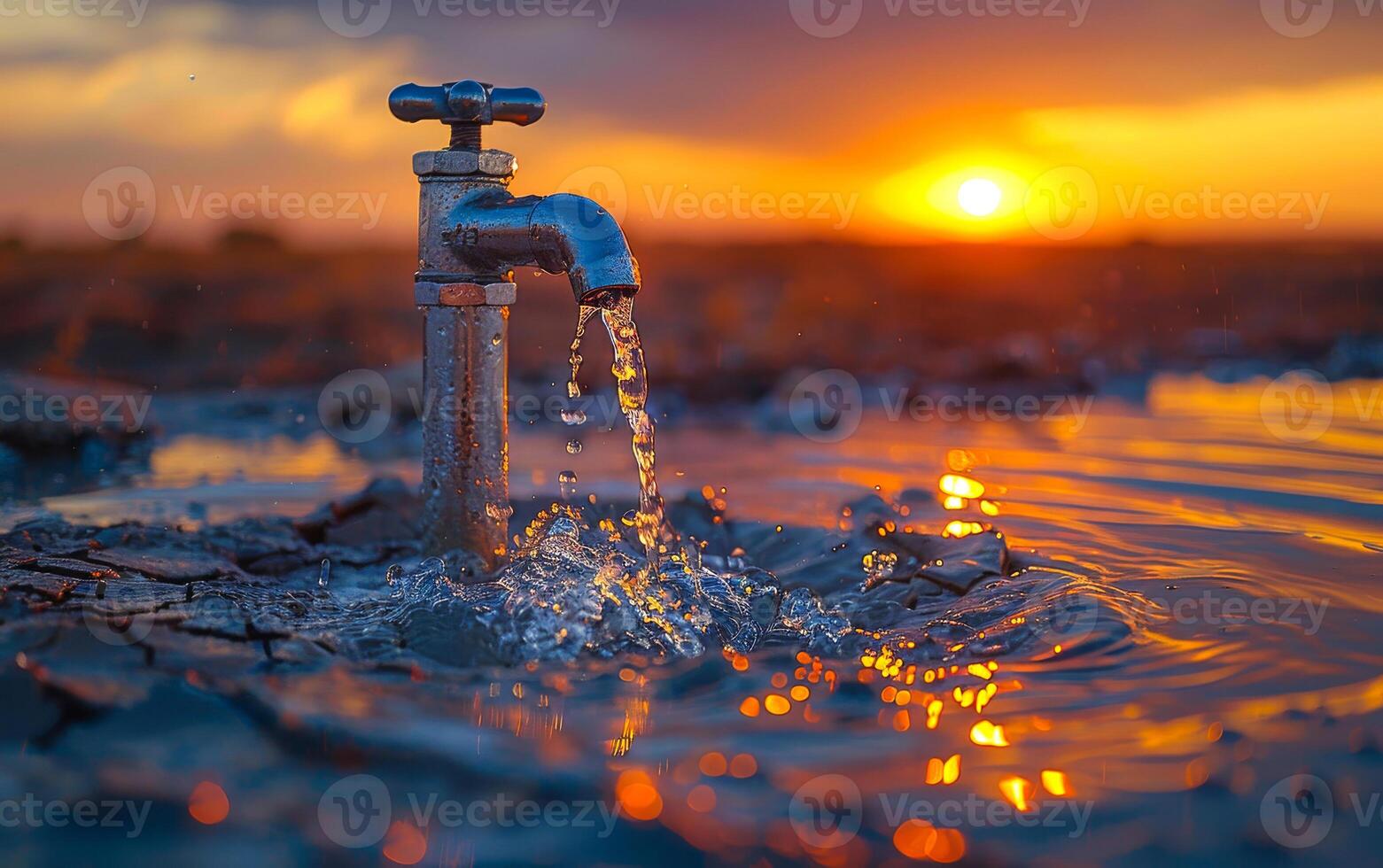 A faucet is dripping water into a body of water. The water is reflecting the sun, creating a beautiful and serene scene photo