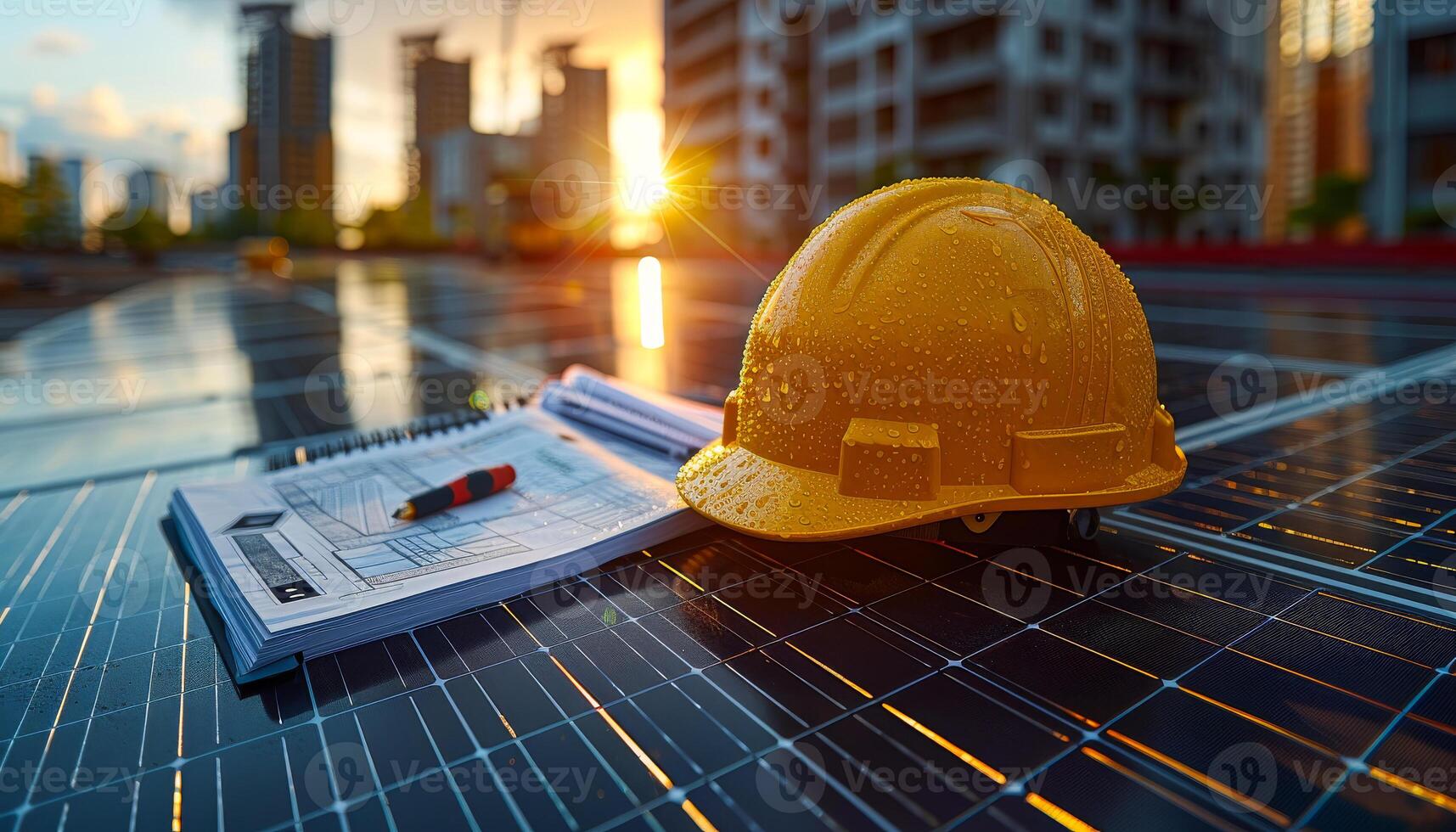 A yellow hard hat sits on top of a piece of paper with a pen on it. Concept of work and productivity photo