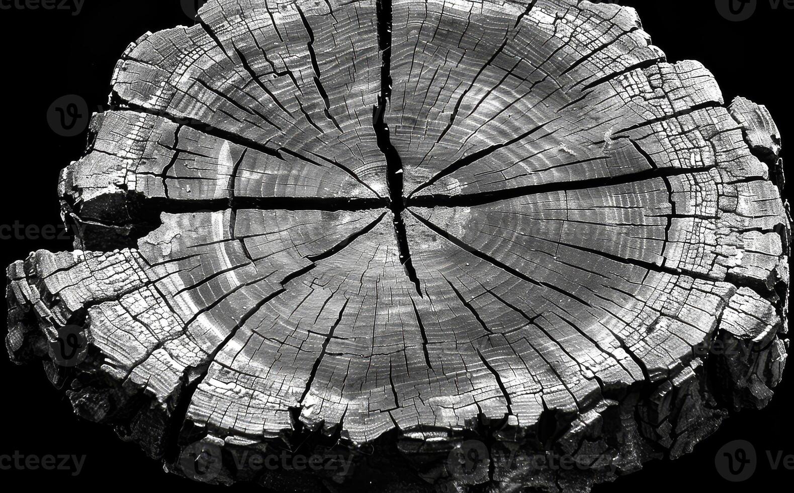 A large piece of wood with a hole in the middle. The wood is split into four pieces photo