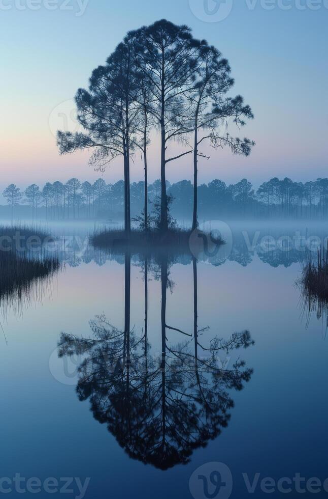 A tree is reflected in the water of a lake. The sky is blue and the water is calm photo