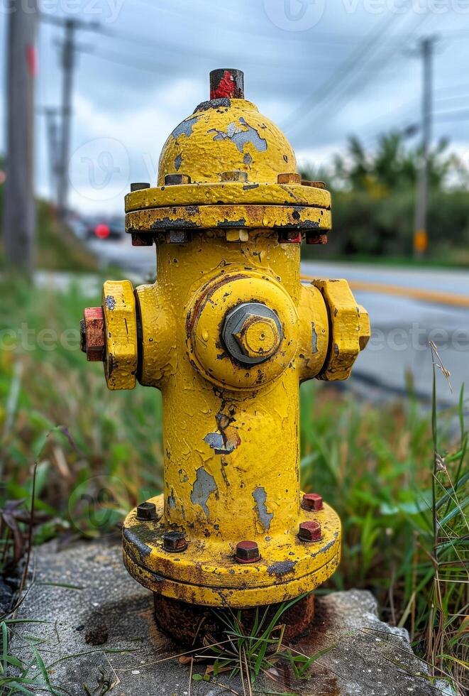 A yellow fire hydrant with a red cap sits on a cement block. The hydrant is old and rusted, but it still stands out against the green grass photo