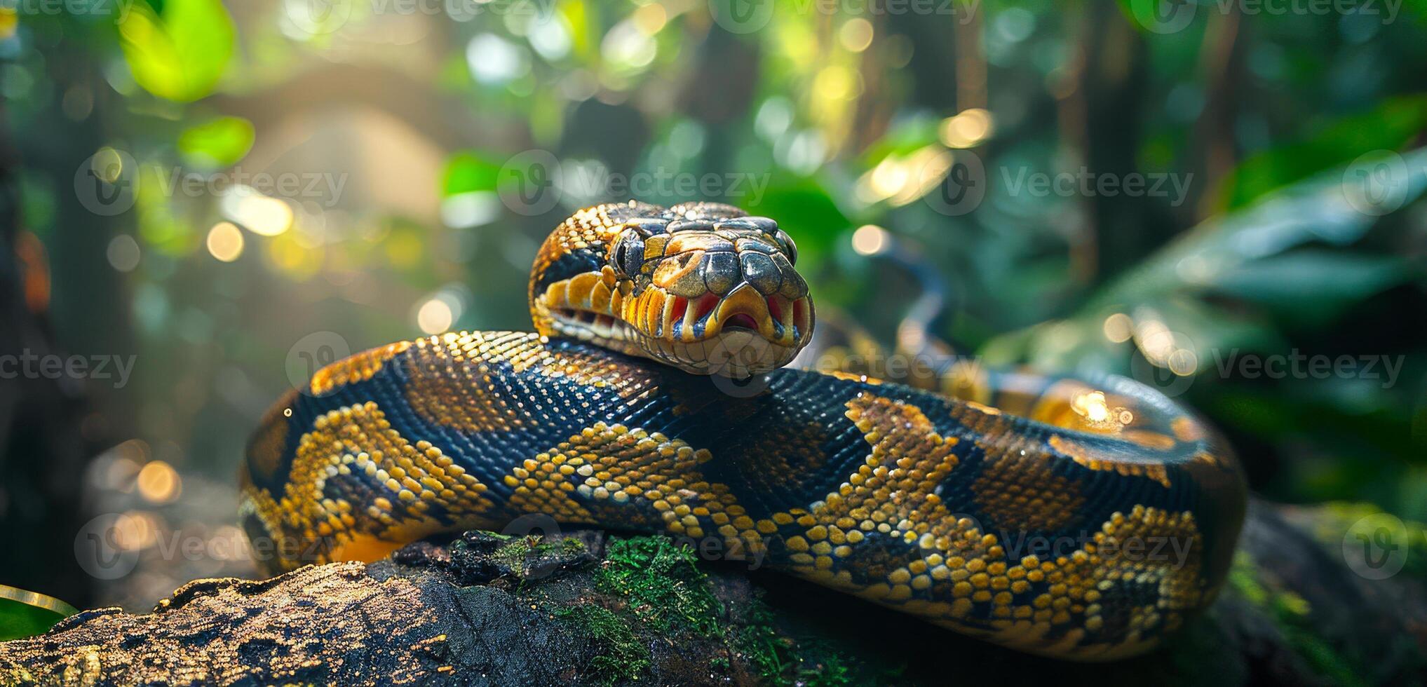A large brown and black snake is curled up on a log. The snake is in a jungle setting, surrounded by trees and foliage. photo